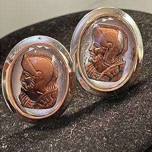 Vintage-50s oval silver tone w/copper color Roman Soldier bullet back cuff links